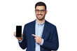 © Damir Khabirov - Handsome businessman showing blank phone screen and pointing to it with finger, copy space for your financial app
