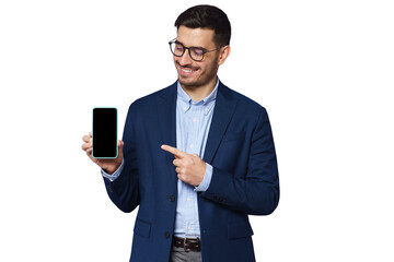 Handsome businessman showing blank phone screen and pointing with finger, copy space for your financial app
