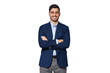 © Damir Khabirov - Modern male teacher dressed in blue smart casual suit, wearing trendy glasses, standing with arms crossed