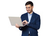 © Damir Khabirov - Businessman holding open laptop in hands, looking at screen, using financial app online