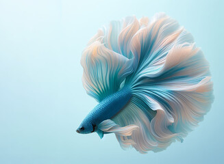 Wall Mural - Blue Betta swims beautifully against a pastel blue background. AI Generative.