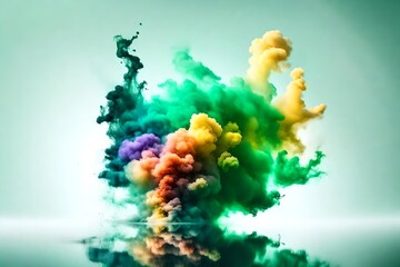 Wall Mural - Colorful green rainbow smoke paint explosion, color fume powder splash, motion of liquid ink dye in water, isolated on white background