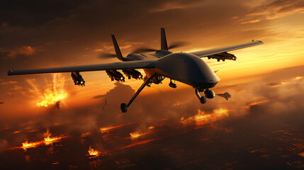 Military combat drone UAV launching missiles. ai generative