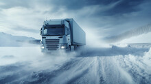 Truck Driving On Frozen Lake In Winter Weather, Dangerous Journey. Ai Generative