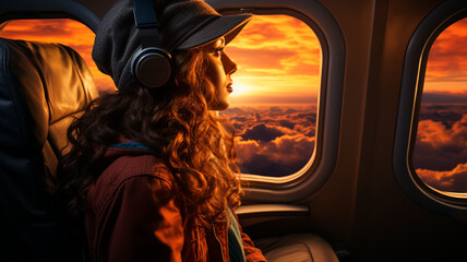 Wall Mural - young woman traveling in a plane