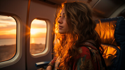 Poster - young woman traveling in a plane