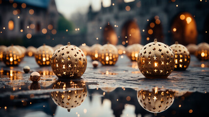 Poster - christmas decorations on the table. festive background.