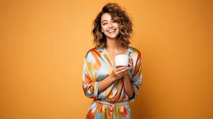 beautiful young smiling woman with a bob in pajamas holds a cup of coffee or tea against a bright colored background, morning at home, girl, breakfast, weekend, joyful emotions, portrait, cheerful