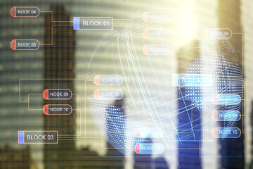 Wall Mural - double exposure of abstract programming language hologram and world map on modern skyscrapers backgr
