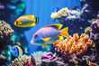 Tropical sea underwater fishes on coral reef. Beautiful marine sea life and exotic fishes in the aquarium. Wildlife in the ocean coral reef.