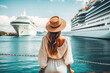 Woman tourist standing in front of a big cruise ship. Beautiful young woman in a white dress looking at a cruise ship, waiting for vacation.