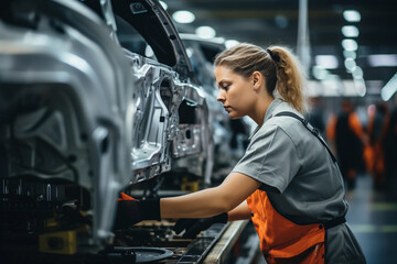 Young female worker working in a production line of modern car manufacturing factory, engineer working with high - tech machinery