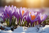Fototapeta  -  Snowy crocus blossoms in spring sunlight