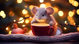 A cheerful cute mouse in a knitted hat drinks cocoa from a cup against the background of a winter forest with fir trees, snow and colorful lights. Postcard for the New Year holidays.