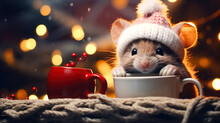 A Cheerful Cute Mouse In A Knitted Hat Drinks Cocoa From A Cup Against The Background Of A Winter Forest With Fir Trees, Snow And Colorful Lights. Postcard For The New Year Holidays.