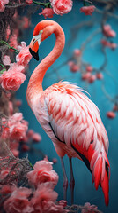 Wall Mural - Pink flamingo on the background of the wall with exotic beautiful flowers, bright tropical concept