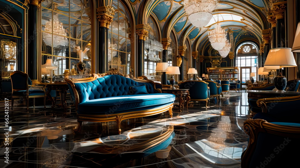 luxurious five-star hotel lobby with a grand crystal chandelier, marble ...