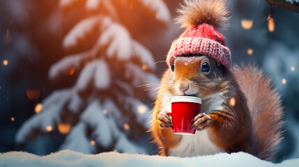 Wall Mural - A cheerful cute squirrel in a knitted hat drinks cocoa from a cup against the background of a winter forest with fir trees, snow and colorful lights. Postcard for the New Year holidays.