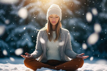 A Woman In Warm Clothes Sits In The Lotus Position In The Winter Forest.