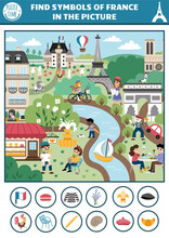 Vector French Searching Game With Paris City Landscape, Park, People, Animals. Spot Hidden Objects In The Picture. Simple France Seek And Find Educational Printable Activity For Kids.