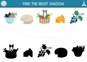 Wall Mural - France shadow matching activity. Puzzle with traditional French food. Find correct silhouette printable worksheet. Funny page for kids with cheese, escargot, mussels, grapes, baguette .