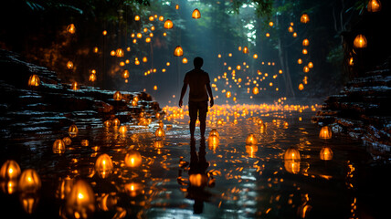 Wall Mural - young couple in love with a burning lantern in the dark