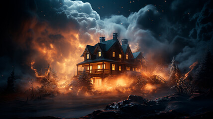 Canvas Print - house with burning fire in the forest. halloween background. horror art.