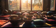 Tibetan singing bowls arranged in a circle, wooden mallets, felt cushion, bright colors, morning sun rays