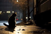 Lonely Stray Cat Sitting Orange Lighted Street At Night.