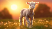 Animal Single Lamb On The Meadow On A Sunset View. AI Generated Image