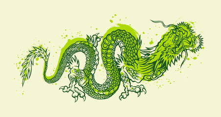 Wall Mural - Vector illustration of a green Chinese dragon. Tattoo of asian dragon on red background in asian style. Chinese new year 2024. Year of green dragon.