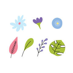 Sticker - Cartoon Color Floral and Plants Collection Concept Flat Design Style Include of Monstera Leaf and Chamomile. Vector illustration