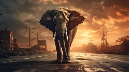 Wall Mural - Elephant walking on road at sunset view. AI generated image