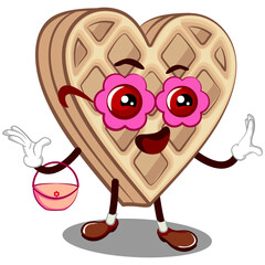 Wall Mural - vector mascot character from a heart-shaped waffle cake dressed up beautifully with cheerful pink flower-shaped glasses while carrying a handbag