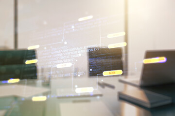 Wall Mural - abstract creative coding concept and modern desktop with computer on background. multiexposure