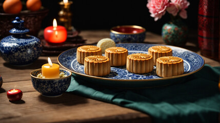 Mooncakes in a modern setting, arranged on a traditional Chinese porcelain plate, juxtaposed against a vintage wooden table.