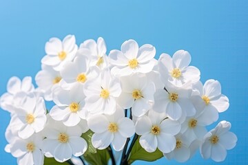  Closeup View Of Spring Forest White Flowers Primroses Against Beautiful Blue Background With Gentle, Blurred Skyblue Backdrop, Providing Space For Text And Creating Romantic