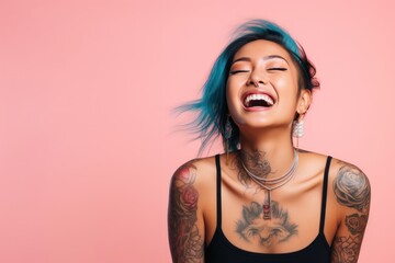 Poster - Young woman with neck and face tattoos happy smiling laughing