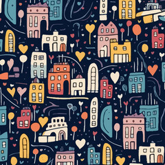  City running quirky doodle pattern, background, cartoon, vector, whimsical Illustration