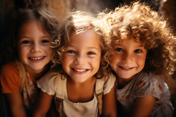 Close-up portrait of cheerfull children hanging out with friends in the countryside together