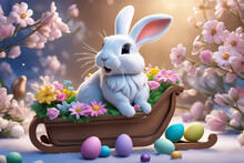 Bunny Santa Prepares For Easter And His Sled Overflowing With Flowers - Generative AI