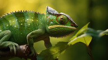Green Chameleon (fictious Species) Sitting On A Branch In A Tropical Jungle