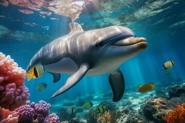 Wall Mural - Dolphin underwater. Background with selective focus and copy space