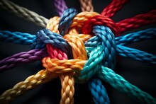 Different Ropes Are Woven Into A Knot. Teamwork Concept. Background With Selective Focus And Copy Space