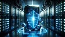 Digital Fortress, Luminescent Security Shield Protecting Server From Cyber Threats In Data Center