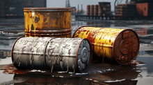 Dirty Metal Barrels From Oil Products And Industry, Environmental Pollution With Waste, Flat Illustration