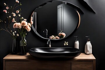 Wall Mural - Close up chic bathroom with oval sink, empty countertop, wooden vanity, black-framed mirror, flower and black walls. Ideal for showcasing your products in a stylish and modern setting