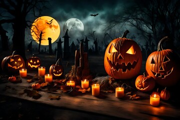 Wall Mural - Halloween pumpkin head jack lantern with burning candles, Spooky Forest with a full moon and wooden table, Pumpkins In Graveyard In The Spooky Night - Halloween Backdrop