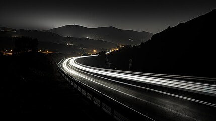 Canvas Print -  a long exposure photo of a highway at night with mountains in the background.  generative ai