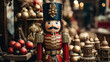 a christmas nutcracker soldier is in front of christmas decoration, winter, gifts, santa claus